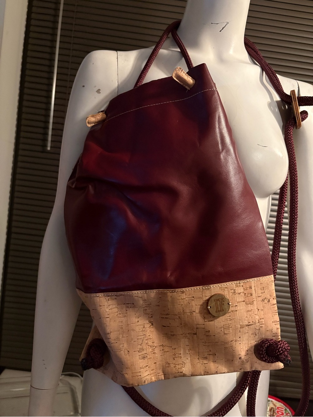 if it were me Burgundy and Natural Cork Drawstring Backpack
